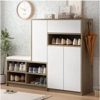 Flieks Schuhschrank (B140/T35/H110cm, 1-St., gepolsterter Sitzfläche, ca 20 Paar Schuhe) Schuhwechselhocker mit Seitenschrank Schuhbank Schuhregal