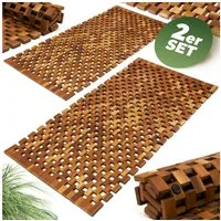 Casaria Badematte, Höhe 1 mm, Rutschhemmend, Akazienholz, Badvorleger, 2x Badvorleger 80x50 cm FSC-zertifiziertes Akazienholz Gummistopper