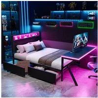 Flieks Metallbett, Gamingbett Plattformbett 140x200cm mit Schreibtisch und 2 Schubladen