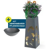 Hoberg Dekosäule LED Pflanzsäule Ginkgoblätter-Design in Beton-Optik, In- und Outdoor geeignet, Integrierte Beleuchtung, 6h Timer, kabellos