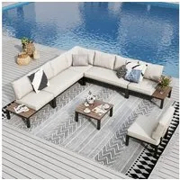 PHI VILLA Gartenlounge-Set, (Gartenmöbel Balkonmöbel mit Verstärkten Kissen und Kaffeetisch), Metall Lounge Möbel Outdoor Gartenlounge, Beige