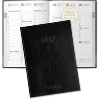 TOBJA Buchkalender Buchkalender 2027 Wochenplaner schwarz Hardcover OptiPlaner Pure FSC, 30-Min-Taktung 7-21 Uhr, 18,5x26 cm, Leseband, FSC, 4-sprachig