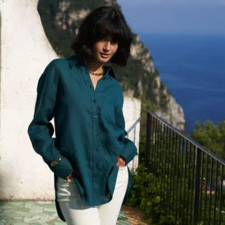 Langes Oversized Premium Reinleinen-Hemd, Damen,  Blau, Leinen, by Lands' End