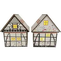 abc HOME Dekofigur LED Dekohäuser 2er Set Holz – Blumenwiese & Fachwerk – warmweiß