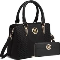 LuxusKollektion Handtasche Handtasche Damen PU Leder Lychee Muster 2-1 Schwarz mit Geldbörse