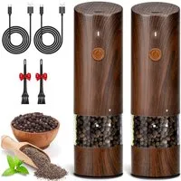 AIBISTAR Pfeffermühle Salz-/Pfeffermühle Elektrische Holz Salzmühle,2er Set mit USB elektrisch, (6 Stück), Mahlgrad einstellbar,Keramik Mahlwerk,Wiederaufladbar,Holzoptik Design