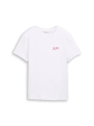 TOM TAILOR Denim - T-Shirt mit Rundhalsausschnitt und kleinem Schriftzug weiß - Gr. - S