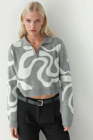 Polo-Kragen Jacquard Strickpullover