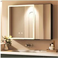 WDWRITTI Spiegelschrank Alu Badezimmer Schrank LED Spiegelschrank 3Lichtmodi dimmbar (Badezimmerspiegelschrank Schwarz matt 2-türig, 80x12,5x60cm) Doppelspiegel, vormontiert geliefert