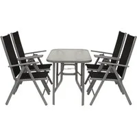 DEGAMO Garten-Essgruppe RAVENNA, (5-tlg), 4x Klappsessel Alu + Textilgewebe, 1x Glastisch grau