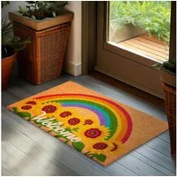 BRUBAKER Fußmatte Welcome Schriftzug mit Sonnenblumen und Regenbogen - Schmutzfangmatte, Rechteckig, Höhe: 15 mm, Türmatte für Außen und Innen - Wetterfest und Rutschfest - 45 x 75 cm