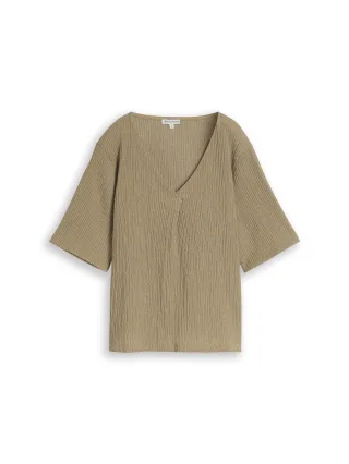 Tom Tailor - Crinkle T-Shirt mit V-Ausschnitt olive white structure - Gr. - S