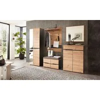 moebel-dich-auf Garderoben-Set MELBOURNE, (Komplettgarderobe, Garderobenschrank + Paneel + Bank + Spiegel + Schuhkommode), in Artisan Eiche MDF, Absetzung graphit