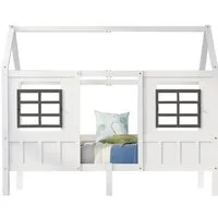 Merax Hausbett 90x200 cm mit Rausfallschutz und Fenstern, Kinderbett mit Lattenrost aus Kiefer, Einzelbett, Jugendbett, Bettrahmen