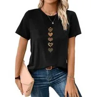 PYLIKE Kurzarmbluse Damen Casual Kurzarmshirt mit Doodle-Herz Druck bequemes t shirt
