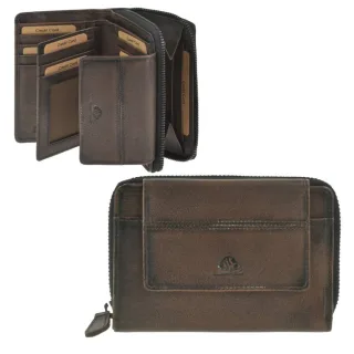 Greenburry Geldbörse Damen kompakt 15 Kartenfächer Destressed – Leder teak brown. Sicheres Damen-Portemonnaie mit RFID-Schutz im Vintage Used-Look.