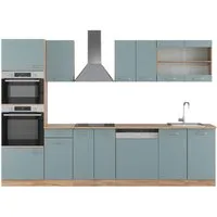 Vicco Küchenzeile R-Line, Blau-Grau/Eiche, 300 cm mit Hochschrank, ohne Arbeitsplatte