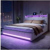 PXloue Polsterbett LED Doppelbett Stauraumbett, mit USB-Laden und Stauraum am Kopfteil,Leinen,160x200 cm