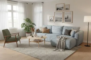 Ecksofa mit Schlaffunktion RUDEN Sofa in Stoff Bello Hellblau Ottomane Rechts