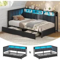KIMENICH Polsterbett Jugendbett mit LED-Beleuchtung und Ladestation, Schlafsofa, Daybett (Ohne Matratze), Tagesbett mit 2 Schubladen und offenen Regalen, 90 x 190 cm