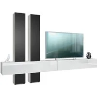 Vladon Wohnwand Moja, (Anbauwand, mit Rückwand mit 4 Türen und 2 Klappen), Weiß matt/Weiß Hochglanz und Schwarz matt (330 x 204 x 39 cm)