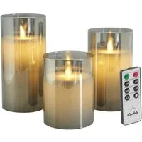 LC Home LED-Kerze LED Kerzen Set Echtwachskerze Glas Timerfunktion Fernbedienung Dimmbar (Spar-Set, 3-tlg., LED Kerzen im Glas 3er Set mit Fernbedienung), Led Kerzen 3er Set in 10x7,5 • 12,5x7,5 • 15x7,5cm