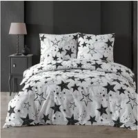 Buymax Bettwäsche Sterne-Muster, Stella Black, Renforcé, 3 teilig, Bettbezug-Set 200x200 cm 100% Baumwolle Reißverschluss Weiß Schwarz