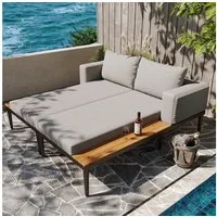 Merax Loungebett, Gartenmöbel Liegestuhl Schlafsofa Loungesessel, 150x140x55cm 2 Teile, Loungesessel mit Stahlrahmen und Kissen, Doppelliege Gartenliege