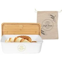Bright Bread Brotkasten Brotbox Brotkiste Brot Box Aufbewahrung, Kunststoff/Bambus, mit Deckel & Brotbeutel 37x20x12cm
