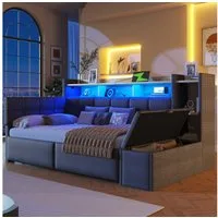Flieks Daybett, Polsterbett 90×190cm mit LED, Aufladen, 2 Schubladen und Polsterbank