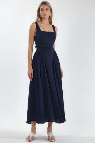 Quadratischer Kragen Midikleid mit Gürtel