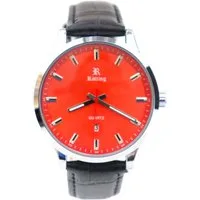 Rötting Design Quarzuhr Herrenuhr Armbanduhr rotes Ziffernblatt DATUM schwarzes Lederarmband, Edelstahl