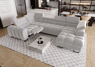 Wohnlandschaft Schlafsofa BASTIEN RELAX in Stoff Terra Hellgrau Ottomane Rechts