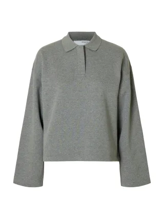 selected women - SLFARI GIA LS POLO SWEAT medium grey melange - Gr. - L