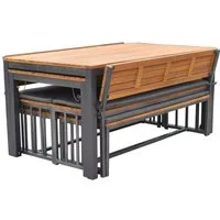 MERXX Garten-Essgruppe Milos, (Set, 10-tlg., 4 Bänke (2x mit und 2x ohne Rückenlehne), 2 Tische, 4 Sitzkissen), Set ist komplett ineinander verstaubar, geeignet für 12 Personen