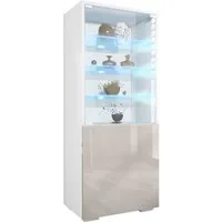 Vladon Standvitrine Granada (Vitrinenschrank, mit Glastür und Glaseinsatz inkl. LED) Weiß matt/Sandgrau Hochglanz (50 x 122,5 x 34,5 cm)