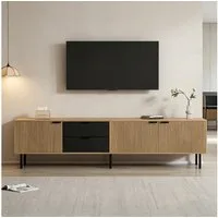 KLAM HOME Lowboard TV-Bank bis 85 Zoll mit Softclose & Kabelmanagement (208cm Lowboard mit Schubladen & Schränken, viel Stauraum), Modernes TV-Möbel Schwarz-Natur stabil & pflegeleicht