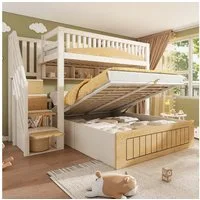 MODFU Hochbett Funktions-Etagenbett mit großzügigem, hydraulischem Stauraum (Funktionsbett, 1-St., Ideale platzsparende Lösung als versetztes Bett für Geschwister) In Weiß/Natur, mit Sicherheitsgeländer, 90/140x200 cm(ohne Matratze)