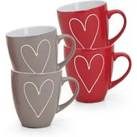 matches21 HOME & HOBBY Tasse Grosse Kaffeetassen 4er Set Landhaus-Stil einfarbig Herzen Liebe, 4-tlg., Keramik, Tee Kaffee-Becher, klassisch, rot grau weiss, 400 ml