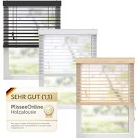 Plisseeonline Jalousie Holzjalousie, Wand,.Deckenmontage, Wand,-Deckenmontage, Bis 150 cm breite und 130 cm höhe Fenstermontage Klemmfix inkl., Mit Holzmaserung