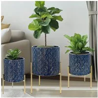 G-LEAF Blumentopf Moderne Pflanzgefäße aus Metall mit einzigartigem Rautenmuster (3 St), mit stabilem Goldständer, einfach zu montieren, blau