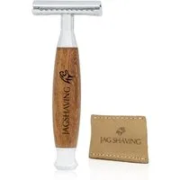 JAG SHAVING Nassrasierer Sicherheitsrasierer aus Holz und Metall – Rasiermesser mit zwei Kanten, Rasierer + Lederetui-Set, 2-tlg., hochwertiges Lederetui, reuseable mens razor