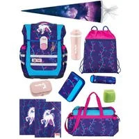 McNeill Schulranzen Ergo Complete "Lilly" Unicorn Einhorn Schultasche ab der 1. Klasse (Set, 12-tlg., Komplett-Set mit Sporttasche und Schultüte), ergonomisch, mit Brustgurt, verstellbar - wächst mit dem Kind mit