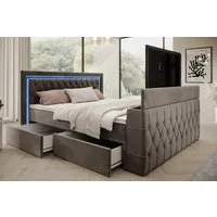 PROMETO Möbel Boxspringbett Doppelbett 180x200 mit Matratze, Schubladen TV-Lift LED Beleuchtung, inkl. 7-Zonen-Taschenfederkernmatratze, TV-Lift im Fußteil, Topper