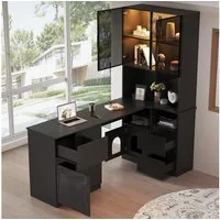 MODFU Hochschrank Eckschreibtisch mit LED-Vitrine (Ecktisch, Highboard, 1-St., 3 Schubladen, 4 Türen, offenen Fächern, Haustierfach) mit Kabeldurchlass, eingebautem Bücherregal