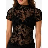Elegant Love Spitzenshirt Damen transparentes Shirt - florales Kurzarmshirt mit Flockprint Spitzen-Oberteil - Top mit Stehkragen und floralem Muster