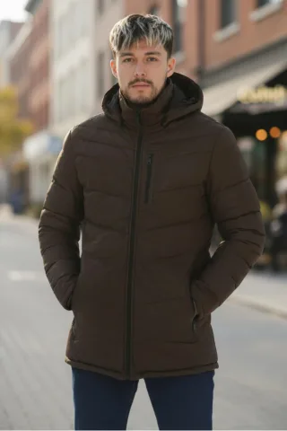 Herren Braune Steppjacke aus Leder Trekking mit Kapuze Puffer Wintermantel - Summit