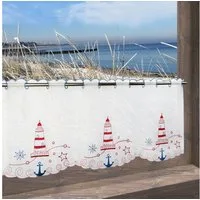 Delindo Lifestyle Scheibengardine Roter Leuchtturm (1 St), Stangendurchzug, halbtransparent, Voile, mit Stangendurchzug für die Küche