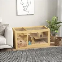 PawHut Kleintierkäfig Hamsterkäfig aus Holz, 100 cm Kleintierstall, mit Schaukeln, Leitern, zu öffnendes Dach, Hütte, Natur
