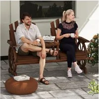 Outsunny Bank mit Schirmloch, Beine im Wagenradform, Tisch (2-Sitzer Gartenbank, 1-St., wetterfest Sitzbank aus Holz), 120kg belastbar, für Balkon, Garten, 154 x 65 x 102 cm Verkohlt